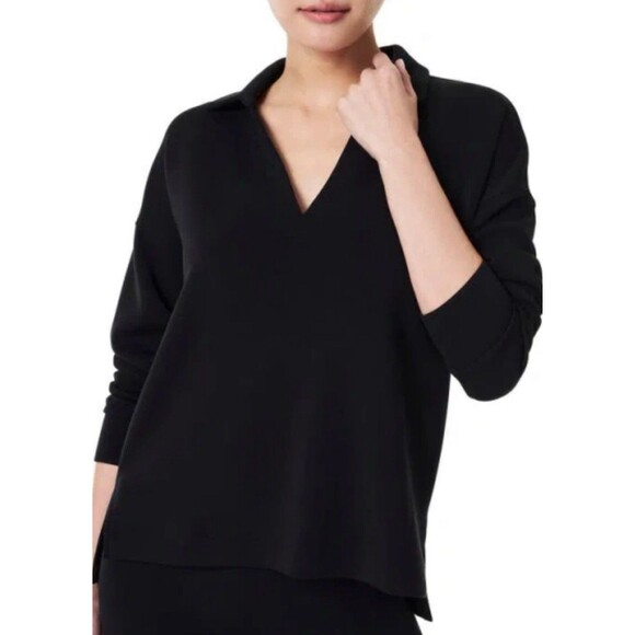 Spanx Air Essentials Black Polo Sweatshirt Medium EUC - Picture 1 of 7